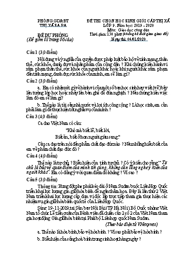 Đề thi chọn HSG cấp Thị xã môn GDCD 9 - Phòng GD&ĐT Thị xã Sa Pa - Năm học 2019-2020 (Đề dự phòng 2 - Kèm hướng dẫn chấm)