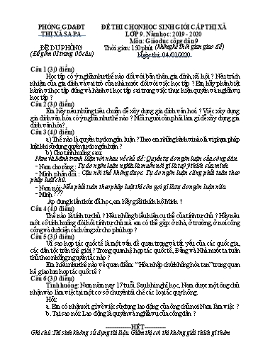 Đề thi chọn HSG cấp Thị xã môn GDCD 9 - Phòng GD&ĐT Thị xã Sa Pa - Năm học 2019-2020 (Đề dự phòng 1 - Kèm hướng dẫn chấm)