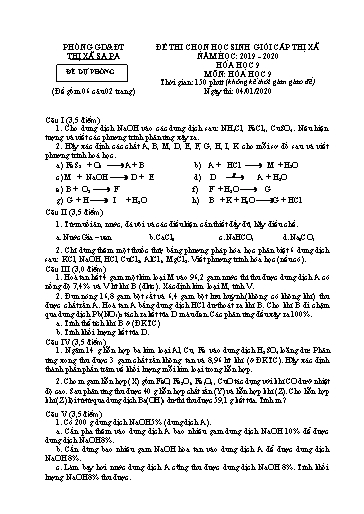 Đề thi chọn HSG cấp Thị xã môn Hóa Học 9 - Phòng GD&ĐT Thị xã Sa Pa - Năm học 2019-2020 (Đề dự phòng - Kèm hướng dẫn chấm)