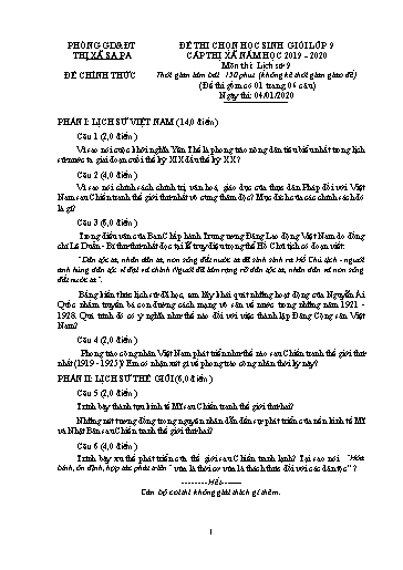 Đề thi chọn HSG cấp Thị xã môn Lịch Sử 9 - Phòng GD&ĐT Thị xã Sa Pa - Năm học 2019-2020 (Đề chính thức - Kèm hướng dẫn chấm)