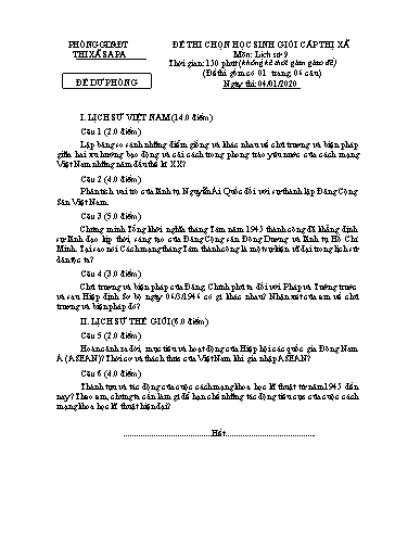 Đề thi chọn HSG cấp Thị xã môn Lịch Sử 9 - Phòng GD&ĐT Thị xã Sa Pa - Năm học 2019-2020 (Đề dự phòng - Kèm hướng dẫn chấm)