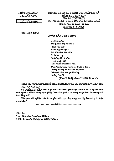 Đề thi chọn HSG cấp Thị xã môn Ngữ Văn 9 - Phòng GD&ĐT Thị xã Sa Pa - Năm học 2019-2020 (Đề dự phòng 1 - Kèm hướng dẫn chấm)
