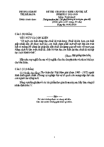 Đề thi chọn HSG cấp Thị xã môn Ngữ Văn 9 - Phòng GD&ĐT Thị xã Sa Pa - Năm học 2019-2020 (Đề chính thức - Kèm hướng dẫn chấm)