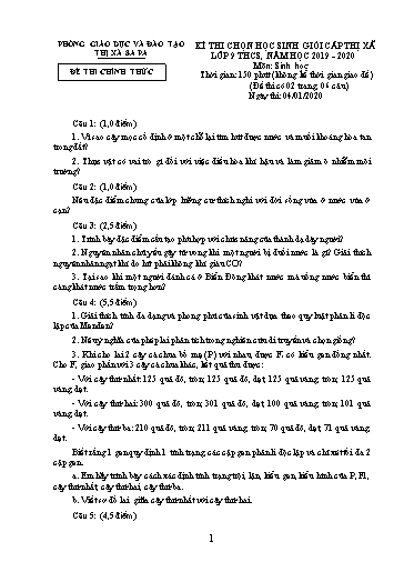 Đề thi chọn HSG cấp Thị xã môn Sinh Học 9 - Phòng GD&ĐT Thị xã Sa Pa - Năm học 2019-2020 (Đề chính thức - Kèm hướng dẫn chấm)