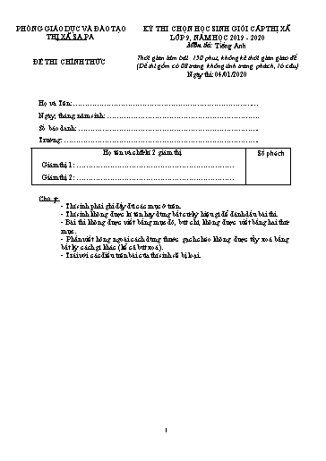 Đề thi chọn HSG cấp Thị xã môn Tiếng Anh 9 - Phòng GD&ĐT Thị xã Sa Pa - Năm học 2019-2020 (Đề chính thức - Kèm hướng dẫn chấm)