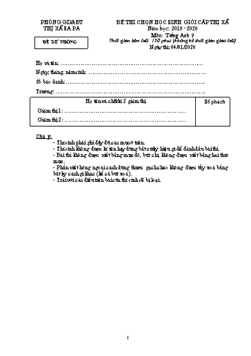 Đề thi chọn HSG cấp Thị xã môn Tiếng Anh 9 - Phòng GD&ĐT Thị xã Sa Pa - Năm học 2019-2020 (Đề dự phòng - Kèm hướng dẫn chấm)
