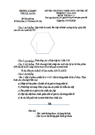Đề thi chọn HSG cấp Thị xã môn Tin Học 9 - Phòng GD&ĐT Thị xã Sa Pa - Năm học 2019-2020 (Đề dự phòng - Kèm hướng dẫn chấm)