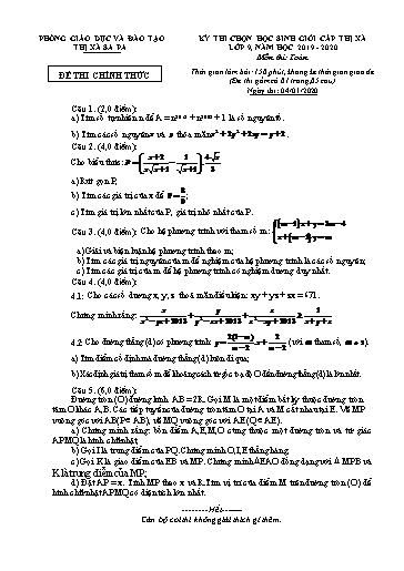 Đề thi chọn HSG cấp Thị xã môn Toán 9 - Phòng GD&ĐT Thị xã Sa Pa - Năm học 2019-2020 (Đề chính thức - Kèm hướng dẫn chấm)