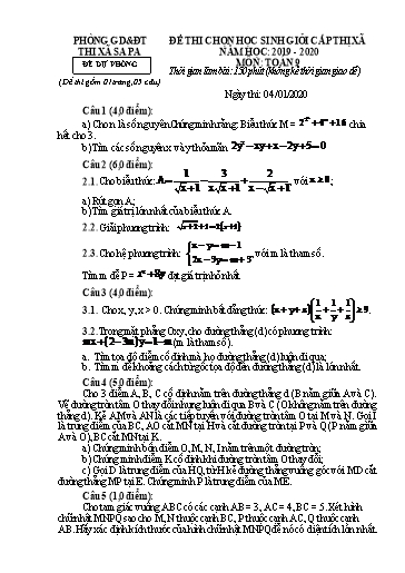 Đề thi chọn HSG cấp Thị xã môn Toán 9 - Phòng GD&ĐT Thị xã Sa Pa - Năm học 2019-2020 (Đề dự phòng - Kèm hướng dẫn chấm)