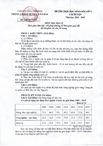 Đề thi HSG cấp huyện môn Địa Lí 9 - Phòng GD&ĐT UBND Huyện Văn Bàn - Năm học 2020-2021 (Có đáp án)