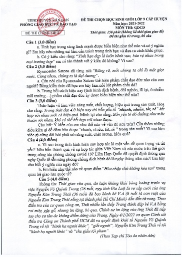 Đề thi HSG cấp huyện môn GDCD 9 - Phòng GD&ĐT UBND Huyện Văn Bàn - Năm học 2021-2022 (Có đáp án)