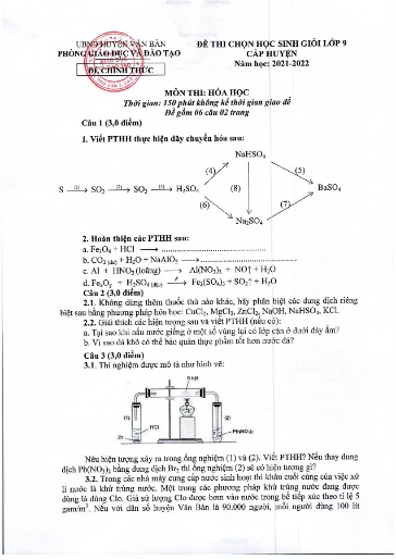 Đề thi HSG cấp Huyện môn Hóa Học 9 - Phòng GD&ĐT UBND Huyện Văn Bàn - Năm học 2021-2022 (Có đáp án)