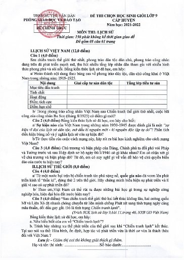 Đề thi HSG cấp Huyện môn Lịch Sử 9 - Phòng GD&ĐT UBND Huyện Văn Bàn - Năm học 2021-2022 (Có đáp án)