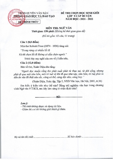 Đề thi HSG cấp Huyện môn Ngữ Văn 9 - Phòng GD&ĐT UBND Huyện Văn Bàn - Năm học 2021-2022 (Có đáp án)