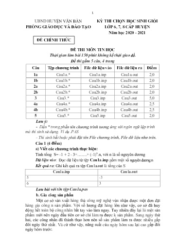 Đề thi HSG cấp huyện môn Tin Học 8 - Phòng GD&ĐT UBND Huyện Văn Bàn - Năm học 2020-2021