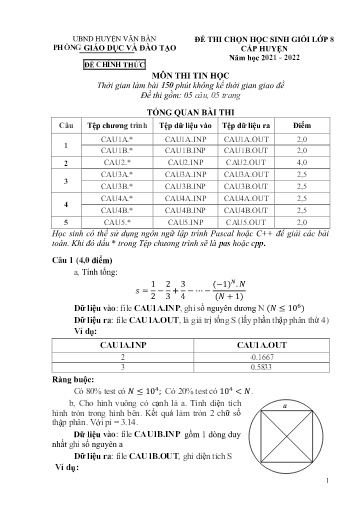 Đề thi HSG cấp huyện môn Tin Học 8 - Phòng GD&ĐT UBND Huyện Văn Bàn - Năm học 2021-2022