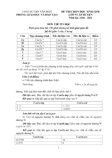 Đề thi HSG cấp huyện môn Tin Học 9 - Phòng GD&ĐT UBND Huyện Văn Bàn - Năm học 2020-2021
