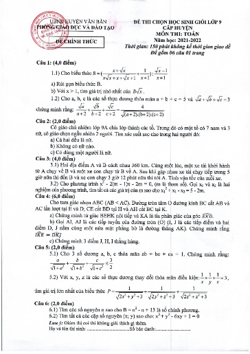 Đề thi HSG cấp Huyện môn Toán 9 - Phòng GD&ĐT UBND Huyện Văn Bàn - Năm học 2021-2022 (Có đáp án)