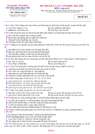 Đề thi KSCL các môn thi TN THPT môn Lịch sử 12 (Lần 1) - Trường THPT Trần Phú - Sở GD&ĐT Vĩnh Phúc - Năm học 2021-2022 (Có đáp án)