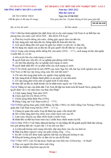 Đề thi KSCL các môn thi TN THPT môn Lịch sử 12 (Lần 2) - Trường THPT Chuyên Lam Sơn - Sở GD&ĐT Thanh Hóa - Năm học 2021-2022 (Có đáp án)