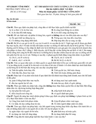 Đề thi KSCL môn GDCD 12 (Lần 3) - Trường THPT Yên Lạc 2 - Sở GD&ĐT Vĩnh Phúc - Năm học 2022-2023 (Có đáp án)