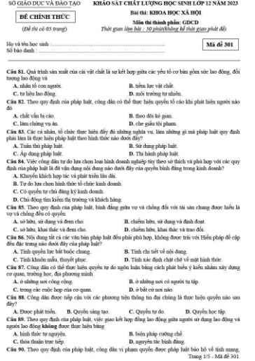 Đề thi KSCL môn GDCD 12 - Sở GD&ĐT - Năm học 2022-2023 (Có đáp án)