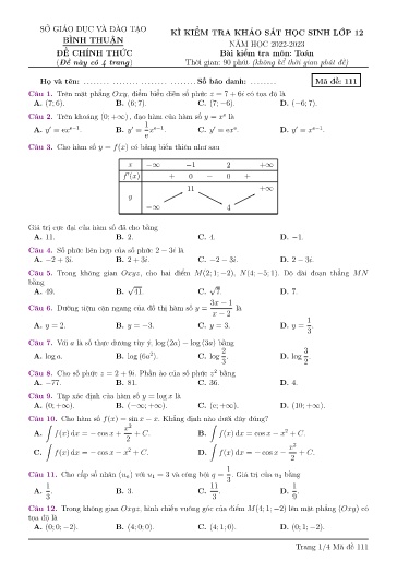 Đề thi KSCL môn Toán 12 - Sở GD&ĐT Bình Thuận - Năm học 2022-2023 (Có đáp án)