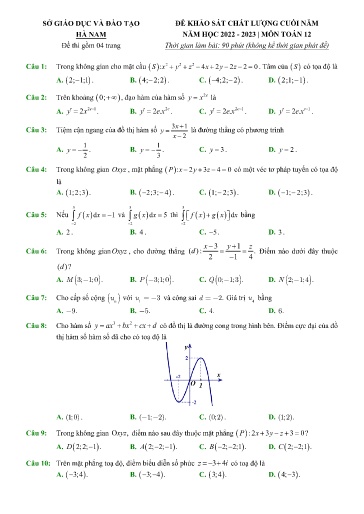Đề thi KSCL môn Toán 12 - Sở GD&ĐT Hà Nam - Năm học 2022-2023 (Có đáp án)