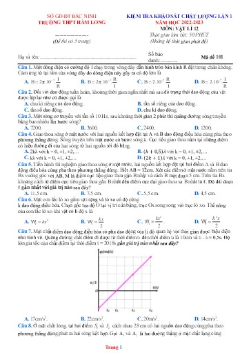 Đề thi KSCL môn Vật lí 12 (Lần 1) - Sở GD&ĐT Bắc Ninh - Trường THPT Hàm Long - Năm học 2022-2023 (Có đáp án)