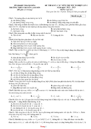 Đề thi KSCL môn Vật lí 12 (Lần 1) - Sở GD&ĐT Thanh Hóa - Trường THPT Chuyên Lam Sơn - Năm học 2022-2023