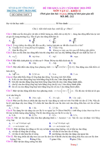 Đề thi KSCL môn Vật lí 12 (Lần 1) - Sở GD&ĐT Vĩnh Phúc - Trường THPT Trần Phú - Năm học 2021-2022 (Có đáp án)