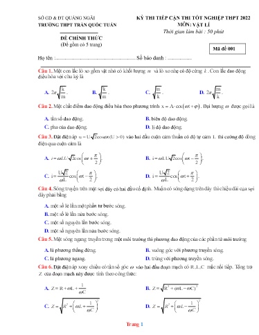 Đề thi KSCL môn Vật lí 12 - Sở GD&ĐT Quảng Ngãi - Trường THPT Trần Quốc Tuấn - Năm học 2021-2022 (Có đáp án)
