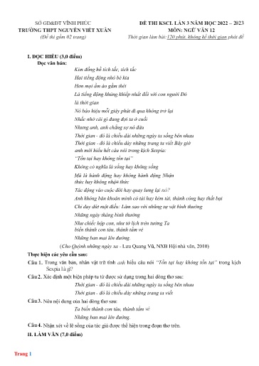 Đề thi KSCL THPT môn Ngữ Văn 12 (Lần 3) - Sở GD&ĐT Vĩnh Phúc - Trường THPT Nguyễn Viết Xuân - Năm học 2022-2023 (Kèm hướng dẫn chấm)