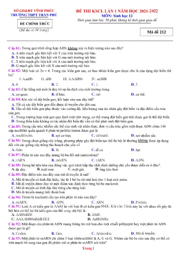 Đề thi KSCL THPT môn Sinh Học 12 (Lần 1) - Sở GD&ĐT Vĩnh Phúc - Trường THPT Trần Phú - Năm học 2021-2022 (Có đáp án)