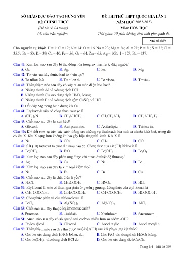 Đề thi thử THPT Quốc gia môn Hóa Học 12 (Lần 1) - Sở GD&ĐT Hưng Yên - Năm học 2022-2023 (Có đáp án)