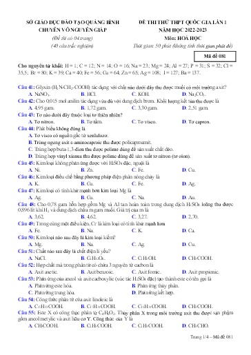 Đề thi thử THPT Quốc gia môn Hóa Học 12 (Lần 1) - Sở GD&ĐT Quảng Bình - Năm học 2022-2023 (Có đáp án)