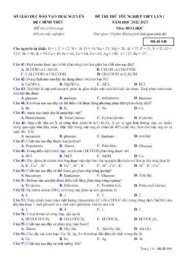 Đề thi thử THPT Quốc gia môn Hóa Học 12 (Lần 1) - Sở GD&ĐT Thái Nguyên - Năm học 2022-2023 (Có đáp án)