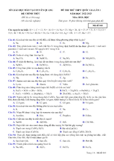 Đề thi thử THPT Quốc gia môn Hóa Học 12 (Lần 1) - Sở GD&ĐT Tuyên Quang - Năm học 2022-2023 (Có đáp án)
