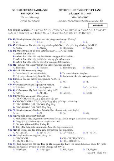 Đề thi thử THPT Quốc gia môn Hóa Học 12 (Lần 1) - Trường THPT Quốc Oai - Sở GD&ĐT Hà Nội - Năm học 2022-2023 (Có đáp án)