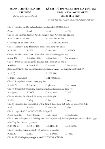 Đề thi thử THPT Quốc gia môn Hóa Học 12 (Lần 2) - Trường chuyên Trần Phú, Hải Phòng - Năm học 2022-2023 (Có đáp án)