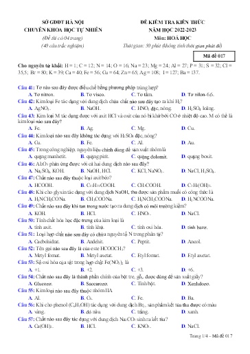 Đề thi thử THPT Quốc gia môn Hóa Học 12 - Sở GD&ĐT Hà Nội - Năm học 2022-2023 (Có đáp án)