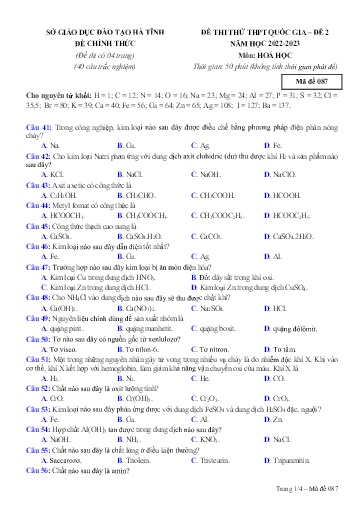 Đề thi thử THPT Quốc gia môn Hóa Học 12 - Sở GD&ĐT Hà Tĩnh - Năm học 2022-2023 (Đề 2 - Có đáp án)