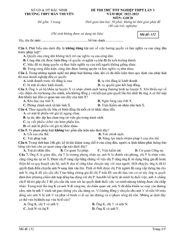 Đề thi thử TN THPT môn GDCD 12 (Lần 3) - Trường THPT Hàn Thuyên - Sở GD&ĐT Bắc Ninh - Năm học 2022-2023 (Có đáp án)