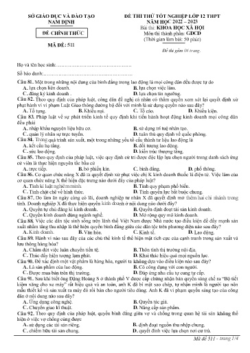 Đề thi thử TN THPT môn GDCD 12 - Sở GD&ĐT Nam Định - Năm học 2022-2023 (Có đáp án)