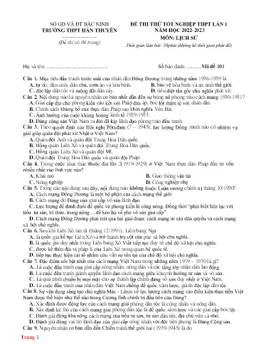 Đề thi thử TN THPT môn Lịch sử 12 (Lần 1) - Trường THPT Hàn Thuyên - Sở GD&ĐT Bắc Ninh - Năm học 2022-2023 (Có đáp án)