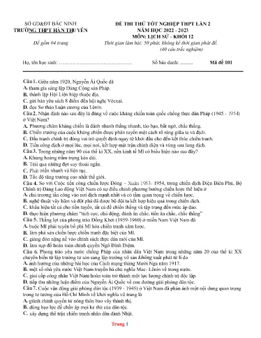 Đề thi thử TN THPT môn Lịch sử 12 (Lần 2) - Trường THPT Hàn Thuyên - Sở GD&ĐT Bắc Ninh - Năm học 2022-2023 (Có đáp án)