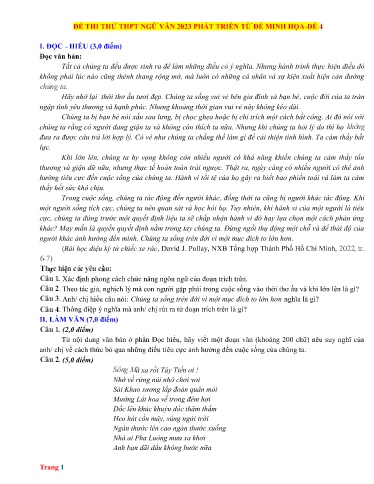 Đề thi thử TN THPT môn Ngữ Văn 12 - Năm học 2022-2023 (Đề 4 - Kèm hướng dẫn chấm)