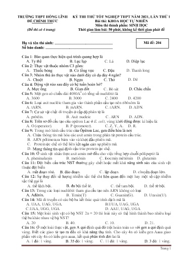 Đề thi thử TN THPT môn Sinh Học 12 (Lần 1) - Trường THPT Hồng Lĩnh - Năm học 2020-2021 (Có đáp án)