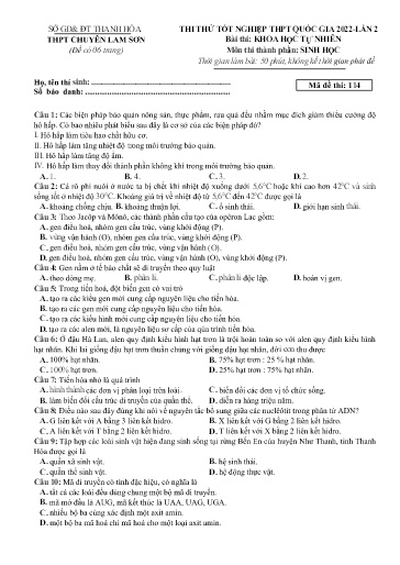 Đề thi thử TN THPT môn Sinh Học 12 (Lần 2) - Sở GD&ĐT Thanh Hóa - Trường THPT Chuyên Lam Sơn - Năm học 2021-2022 (Có đáp án)