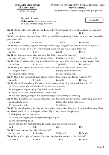 Đề thi thử TN THPT môn Sinh Học 12 - Sở GD&ĐT Kiên Giang - Năm học 2021-2022 (Có đáp án)